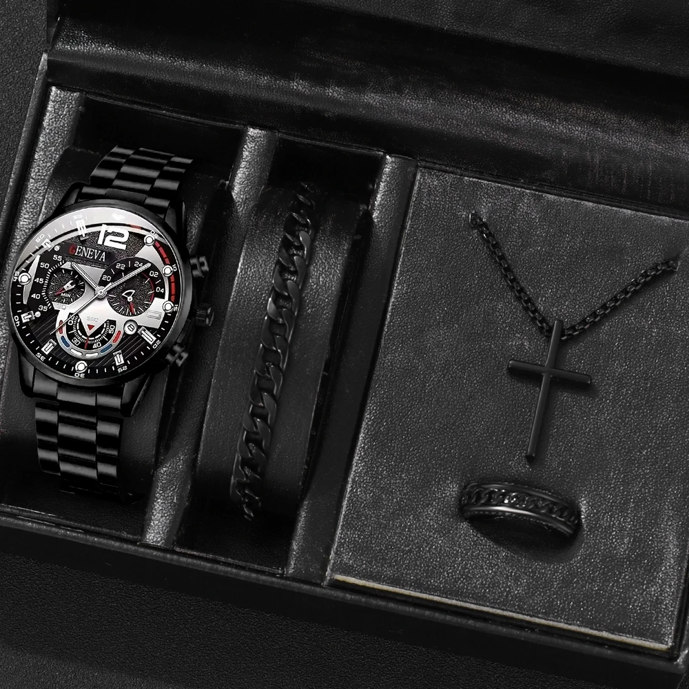 4PCS/Set Men's Business Watch Set with Calendar and Steel Strap, Large Three-Subdial Men's Watch