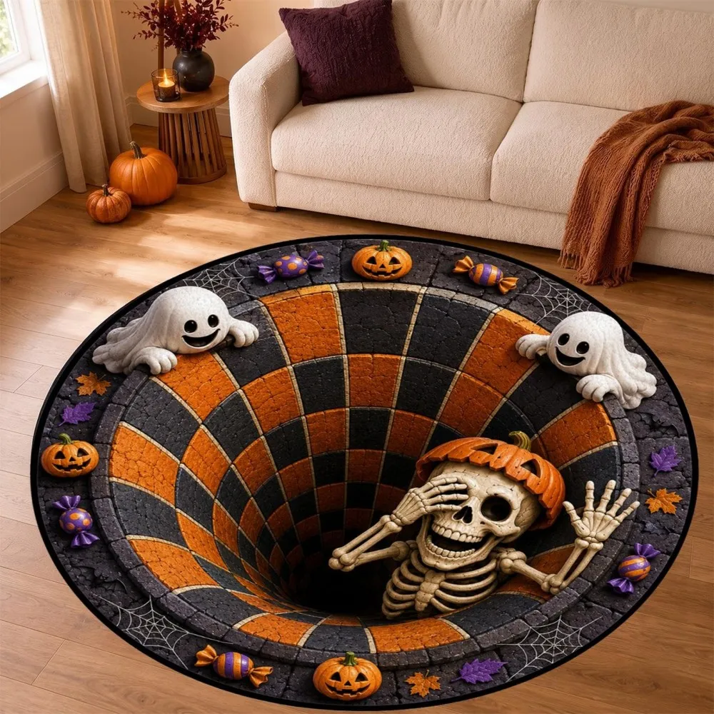 3D Halloween Round Rug Creative Illusion Bottomless Hole Carpet Cute Skeleton Ghost Floor Mat Pumpkin Holiday Home Decor 2D flat