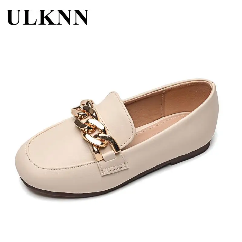 

ULKNN Children's Metal Chain Flats Girls Slip On Shoe Kids Casual Loafers Spring Girl Leather Shoe British Baby Leather Shoe