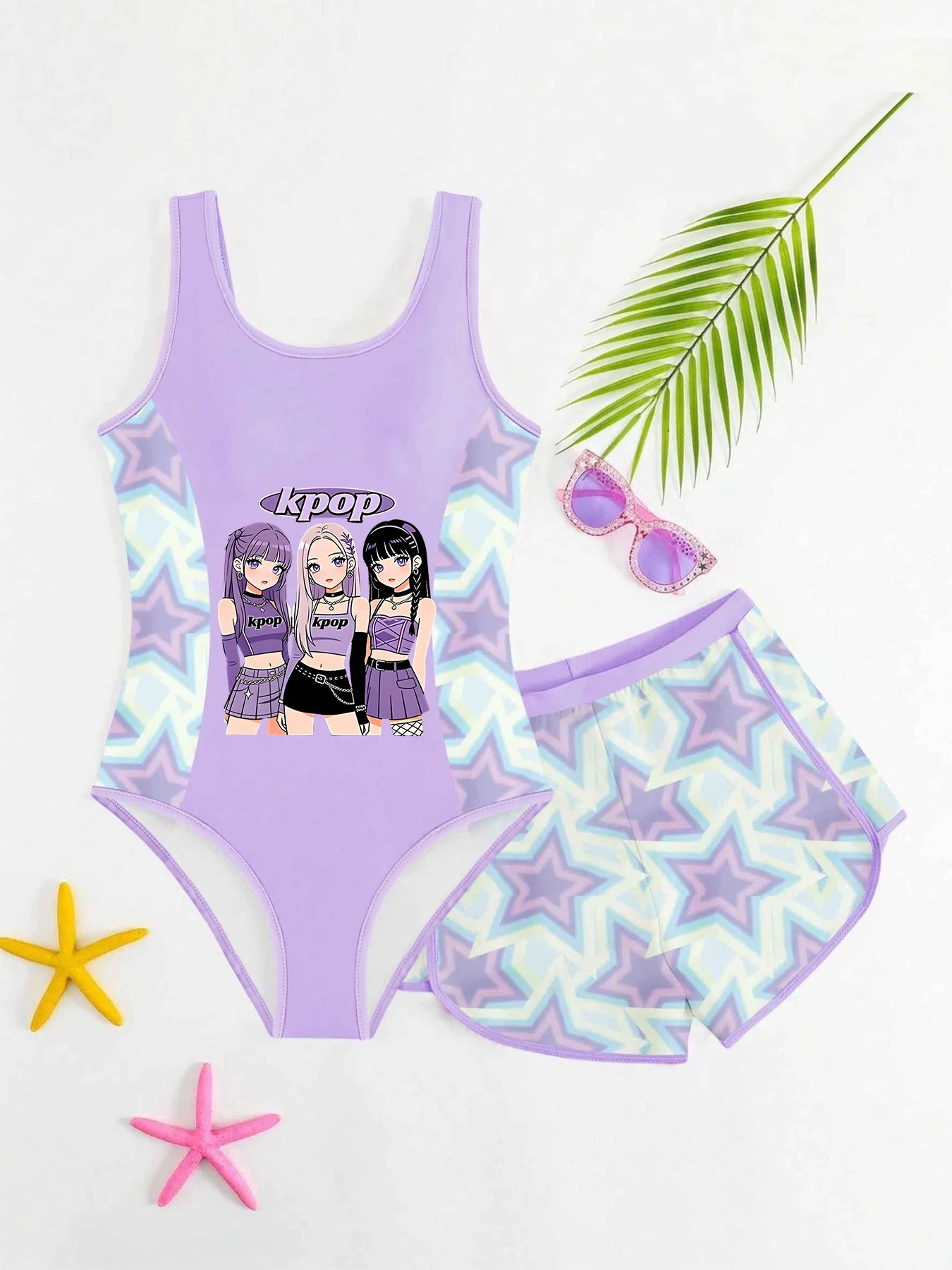 Sweet & Cool Girls' Swimsuit with Cartoon Prints + Gradient All-over Printed Shorts, 2-Piece Set for Water Park & Vacation, Mult
