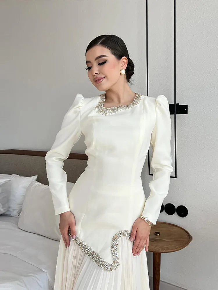 

Elegant Patchwork Maxi Dress Slim Fit Luxury Women's Long Sleeve Beaded Neckline & Hem Gown Dresses Formal Evening Party Outfit