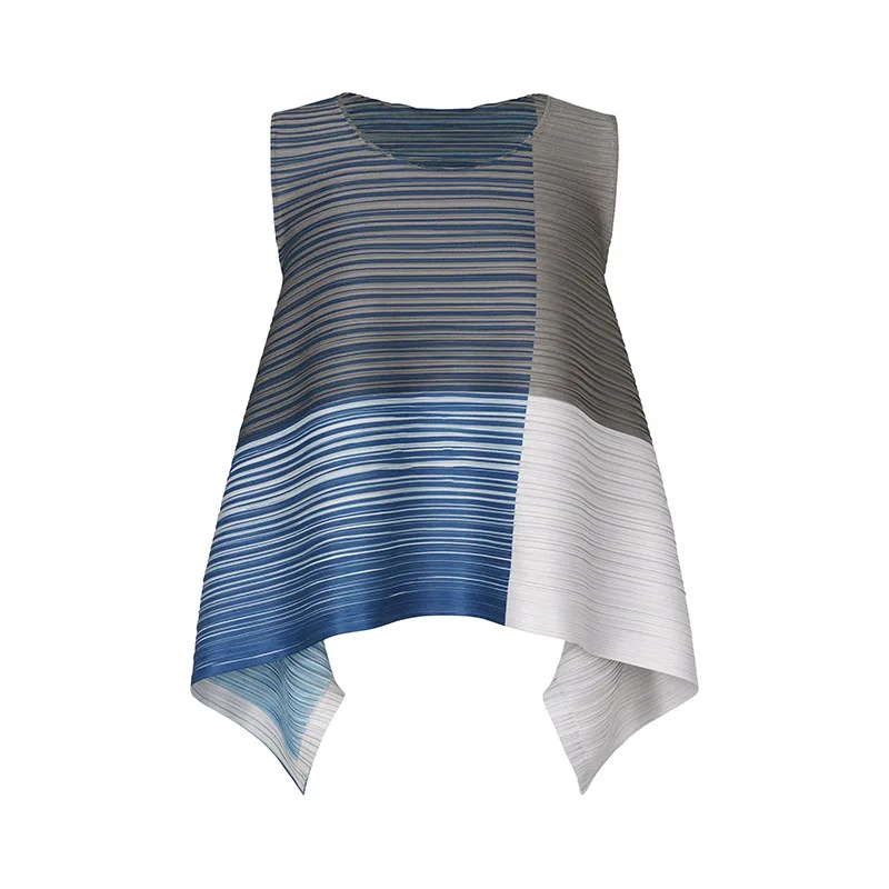 

Miyake Pleated Sleeveless Vest 2026 New Fashion Simple Versatile Top Irregular Gradient Color Round Neck Sleeveless T-Shirt