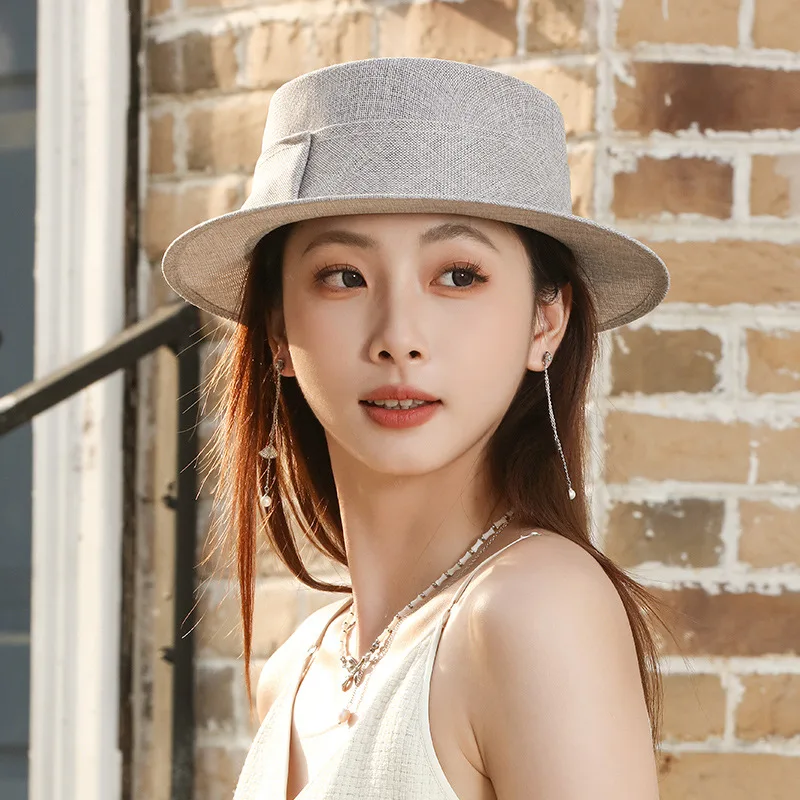 

Summer Women's Sun Hat Breathable Flax Material Wide-Brimmed Flat Top Stylish Casual Outdoor Hat for Travel and Leisure
