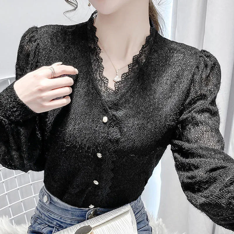 Bright Colors Spring Summer V-Neck Lace Single Breasted Puff Sleeve Women Shirt Hollow Out Thin Fashionable Multiple Colors Slim