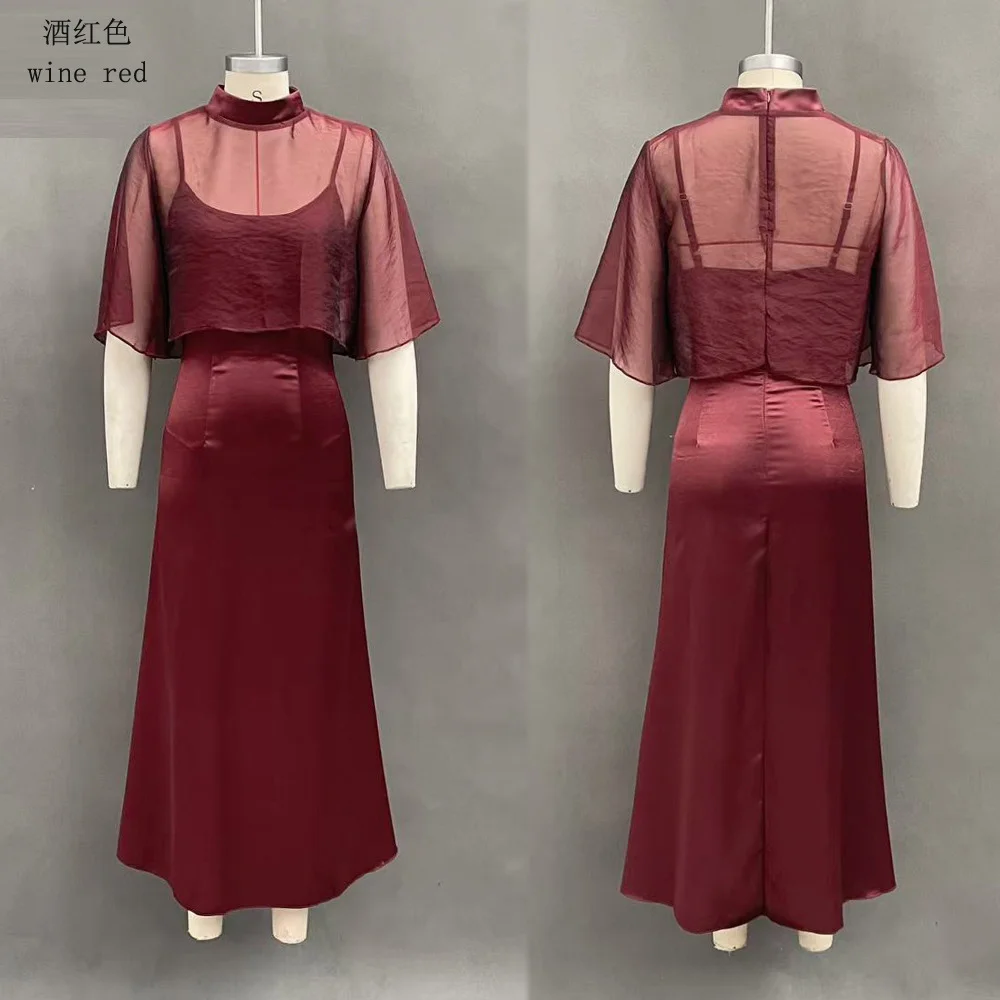 Women Satin Midi Dress Sheer Mesh Cape Mock Neck Ruffle Hi‑Lo Hem Formal Wedding Guest Cocktail Evening Party Dresses For Ladies