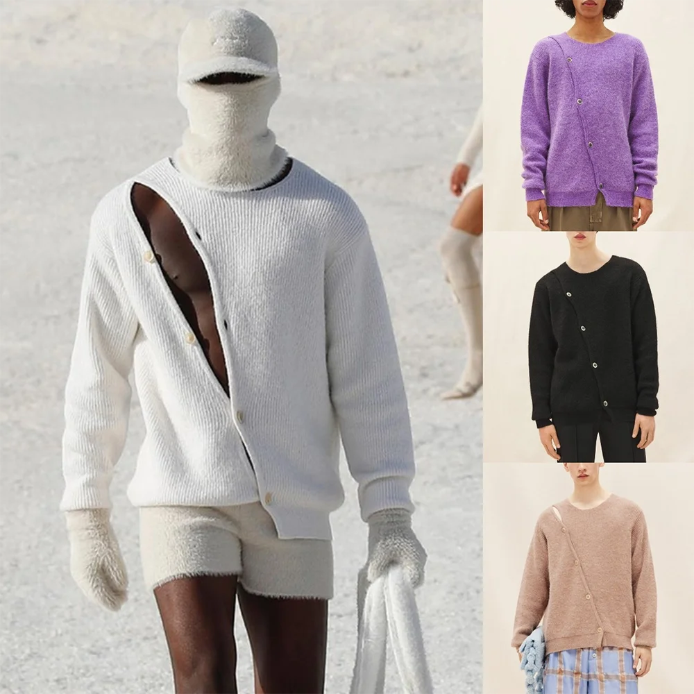 

Осенний новый мужской однотонный свитер с длинными рукавами, американский ретро модный тренд, свободные повседневные нишевые мужские топы High Street, 2025 г.