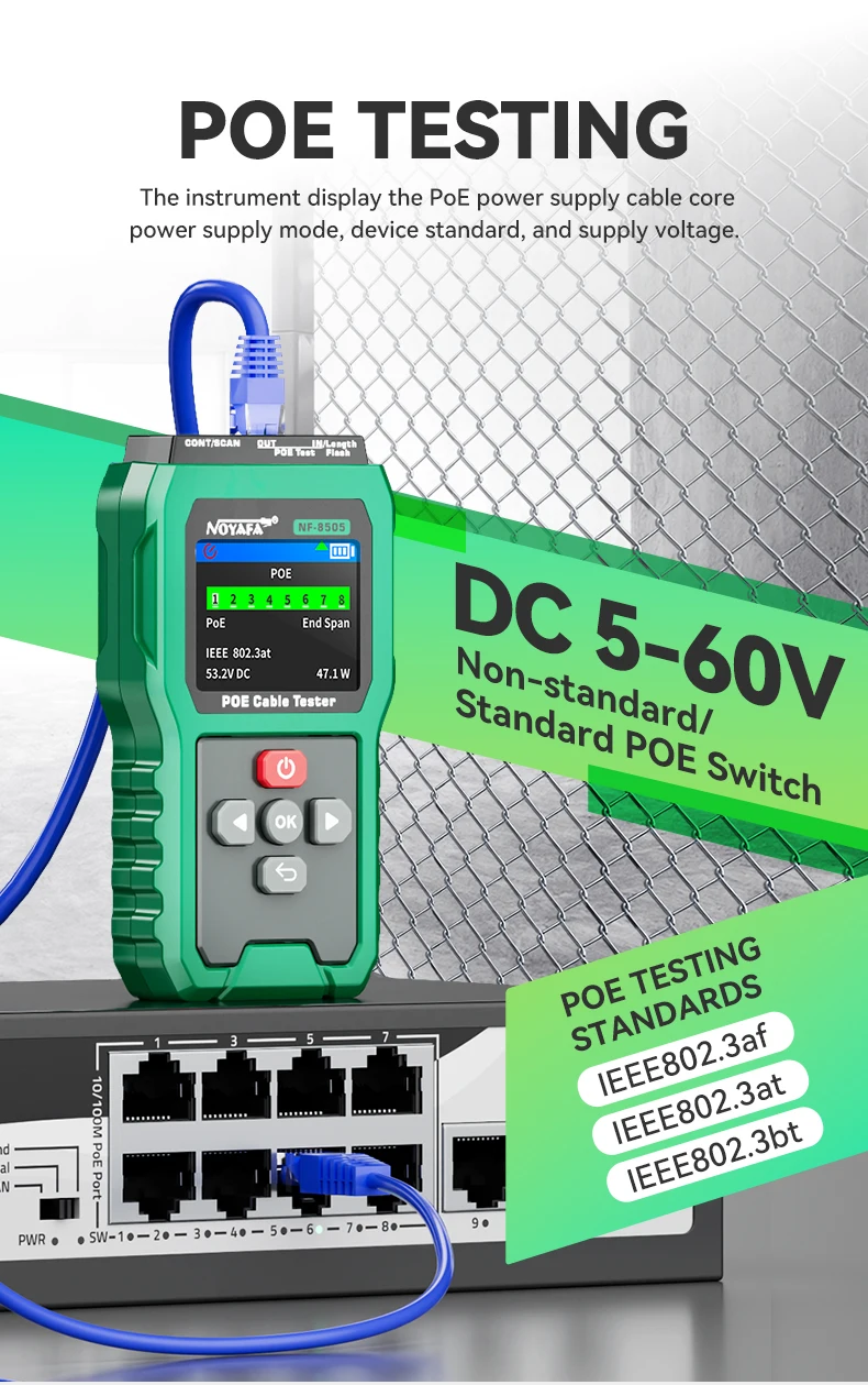 NOYAFA Netzwerkkabel-Tester RJ45 Kabelverfolgungsgerät NF-8505 Störungsfreier Kabeltester PoE-Prüfer Fehlerdistanz-Messgerät – Detail 7