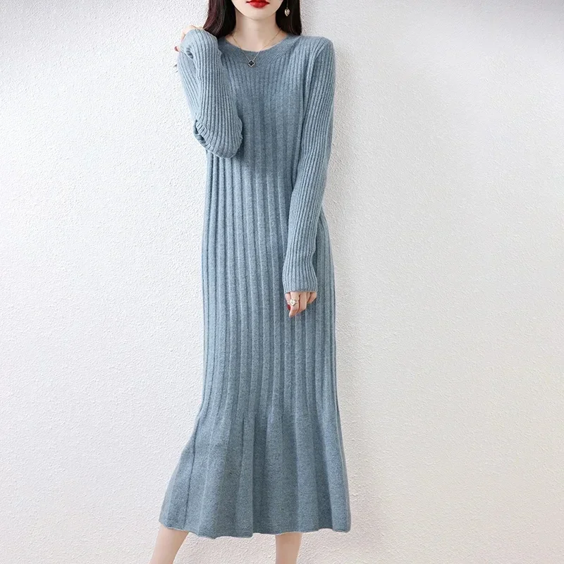 Women's Loose Strip Dresses, 100% Wool, Knitted Jumpers, Female Mid-calf, Soft Cashmere Pullover, Long, New Fashion, Winter 2024