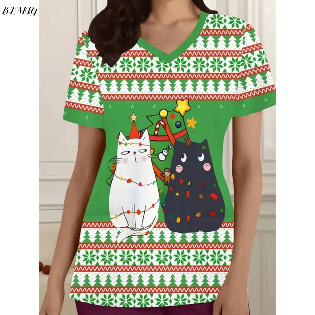 新しいクリスマス手術用ユニフォーム女性獣医歯科医療ユニフォームマイクロストレッチ V ネック半袖トップス女性の医療ユニフォーム