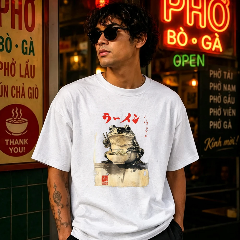 Funny Japanese Ramen Frog T-Shirt Olive Green Crew Neck Short Sleeve Regular Fit Novelty Gift Graphic T Shirts Men Clothing Tops