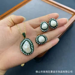 Natural Baroque Pearl Jewelry Three-piece Personalized Original Design French Vintage Fashion Live Jewelry
