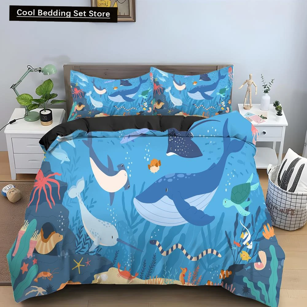 

Bule Dolphin Whale King Queen Duvet Cover Underwater World Bedding Set Cartoon Sea Animal Comforter Cover Polyester Quilt Cover