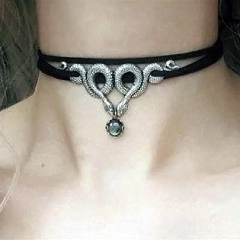 Gothic Double Layer Snake Choker Necklace for Women Vintage Punk Creative Natural Stone Pendant Necklace Jewellery Accessories