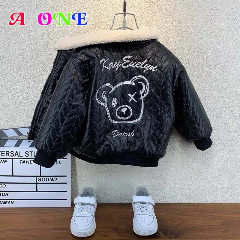 winter boys velvet jacket kids clothes baby coat children fashion embroidery cartoon PU 2T-12Yrs