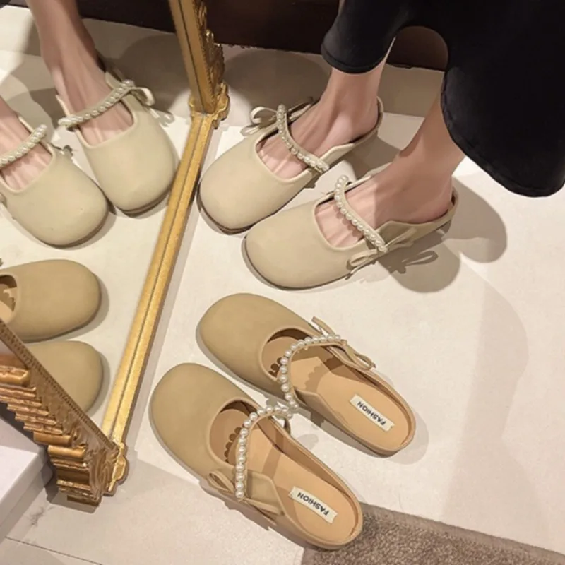 Summer Women's Pearl Bow Mules Flats Closed Toe Slip on Women's Slippers Elegant Casual Backless Woman Shoes Women's Sandals