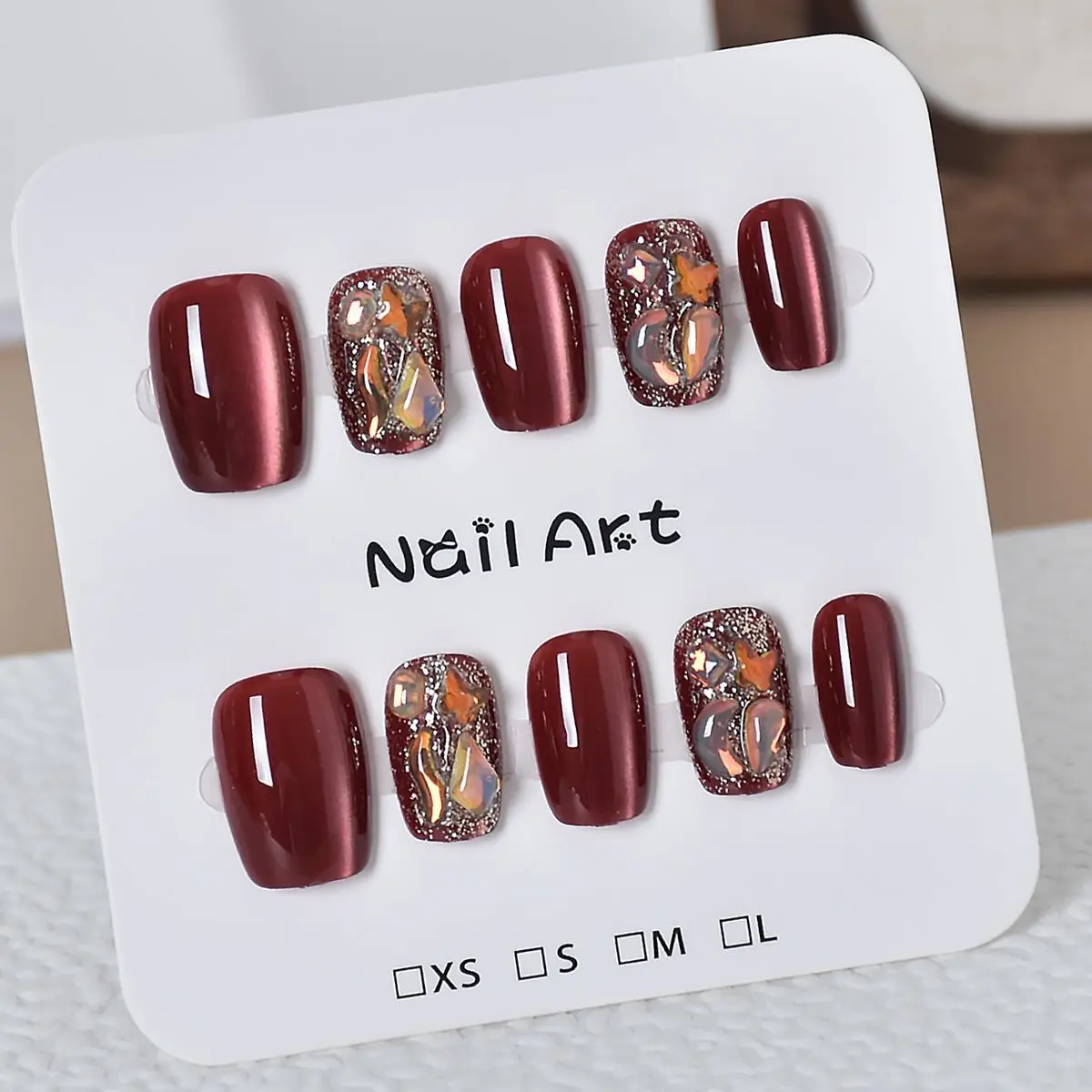 

10pcs Cherry Red Press On Short Square False Nails Cute Glistening Rhinestone Women Girl Removable Wearable Fake Nail Art Tips