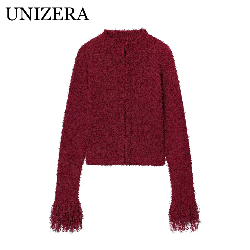 

Autumn new women's fashion slim fitting tassel round neck long sleeved knitted jacket