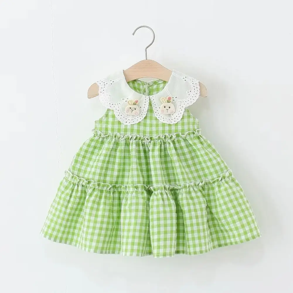 

Baby Girl Green Plaid Dress Cute Bunny Decoration Doll Collar Sleeveless Dress Kids Girl Summer Daily Casual Wear