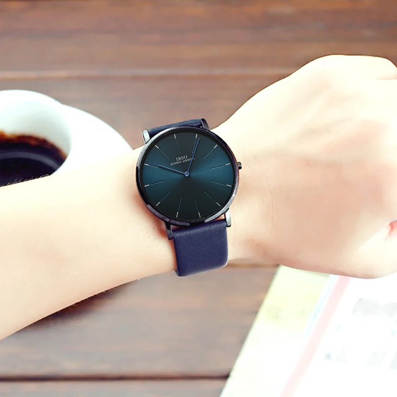 الفاخرة رقيقة جدا الأزرق كوارتز ساعة للرجال ، الذكور الساعات الاجتماعية ، التصميم الأصلي ، ساعة يد بسيطة ، عادية ، حزام من الجلد ، ساعات المعصم للبنين