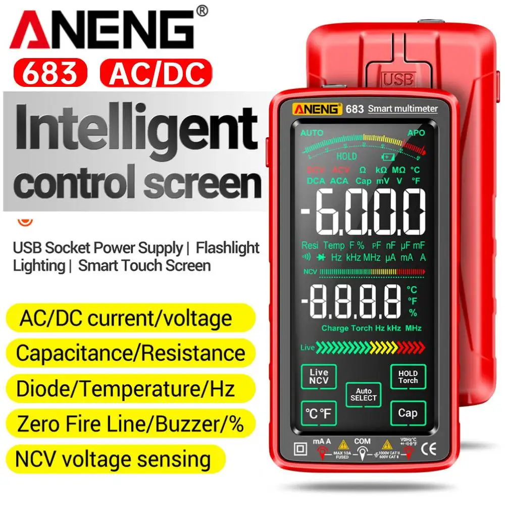 683 Digital Multimeter 6000 Counts Touch Screen Smart Multimeter AC/DC Voltage Current Tester Electrical Capacitance Meter Tool