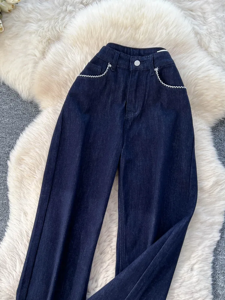 Casual cintura alta perna larga denim jeans feminino outono solto em linha reta costurado design de renda calças de emagrecimento fadable todos os jogos