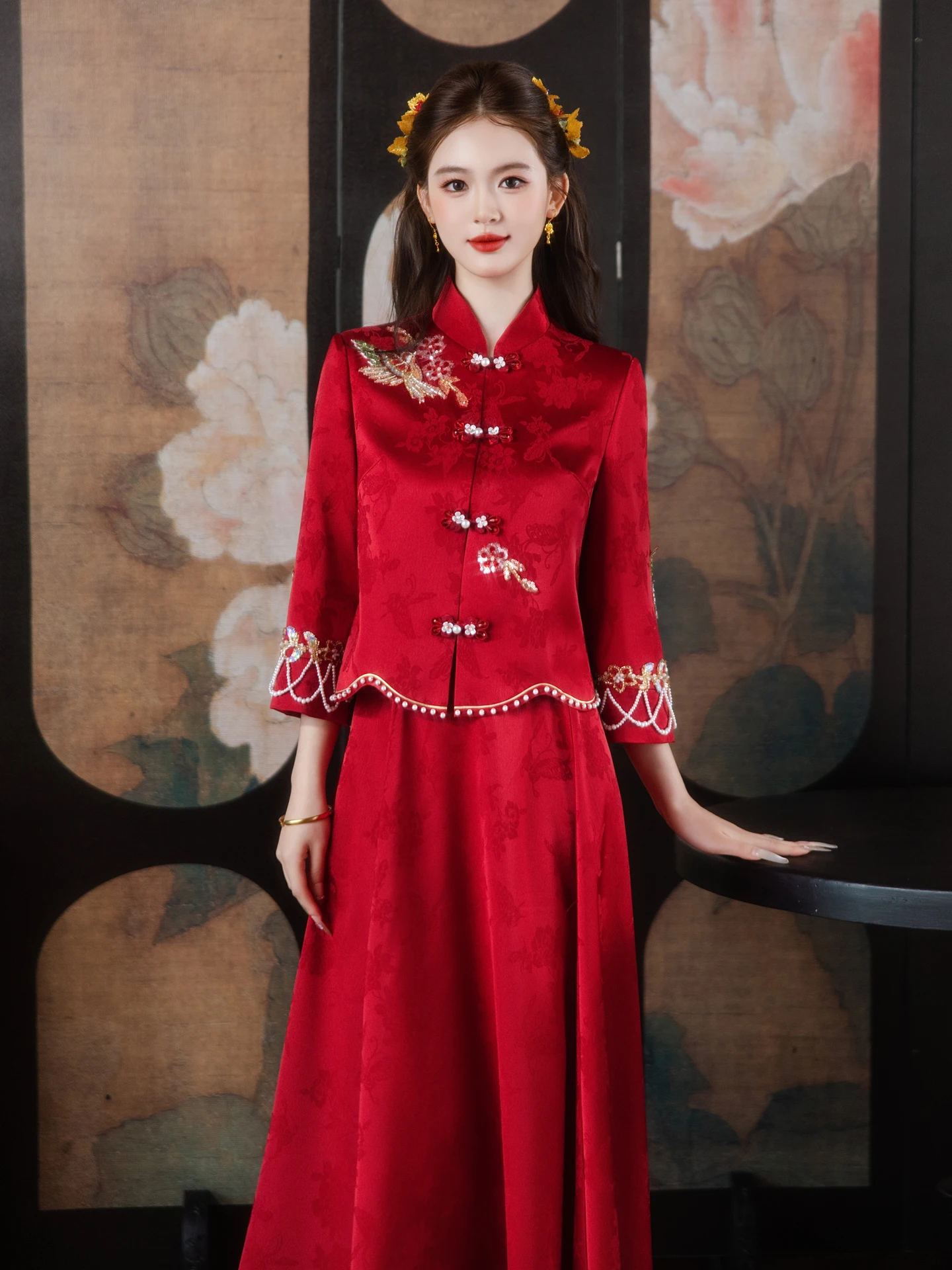 

Красное свадебное платье Dr New Chinese Sle XiuHui для невесты 2025 года, новое, с рукавами 3/4, воротником-стойкой, в винтажном стиле