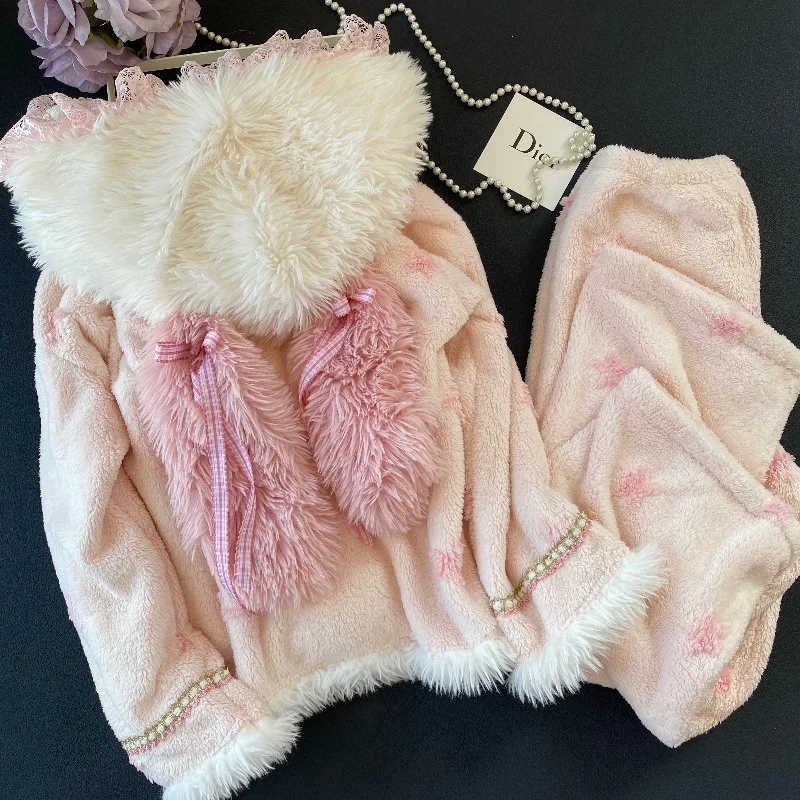 women-coral-fleece-pajama-set-hooded-with-rabbit-ears-long-sleeve-cardigan-pants-thick-warm-sweet-winter-homewear-sleepwear