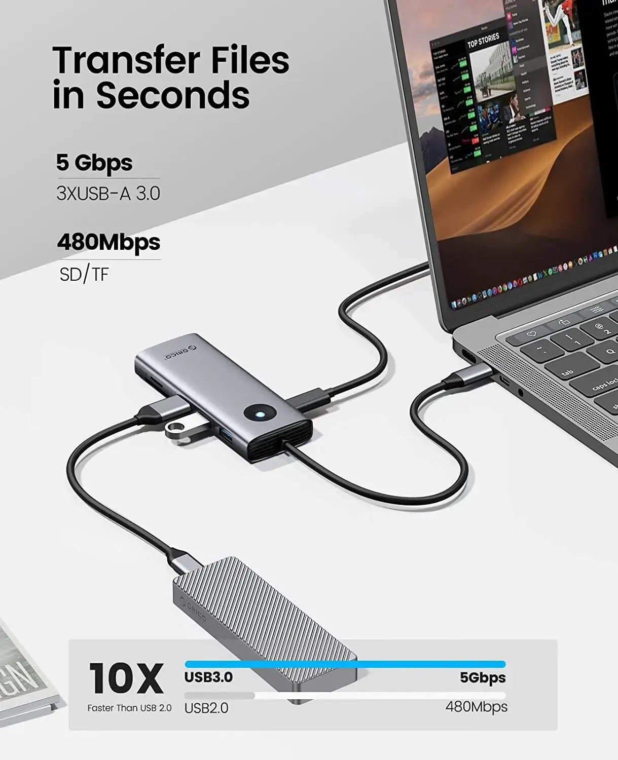 ORICO USB C HUB 4K USB Tipe C ke HDMI, stasiun Dok Aksesori PC RJ45 USB 3.0 PD 100W adaptor SD TF untuk MacBook Pro Air iPad M1