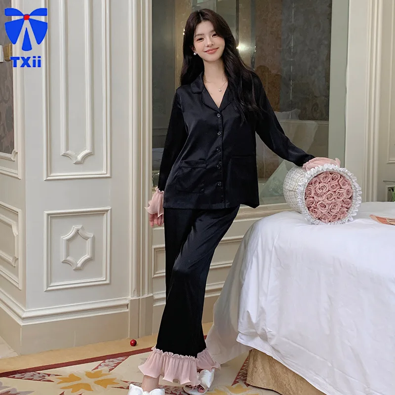 French Pajamas suit New Ice Silk Shirt Pajamas Women's Long-sleeved Horn-sleeved Thin Loose Outwear Home Clothes