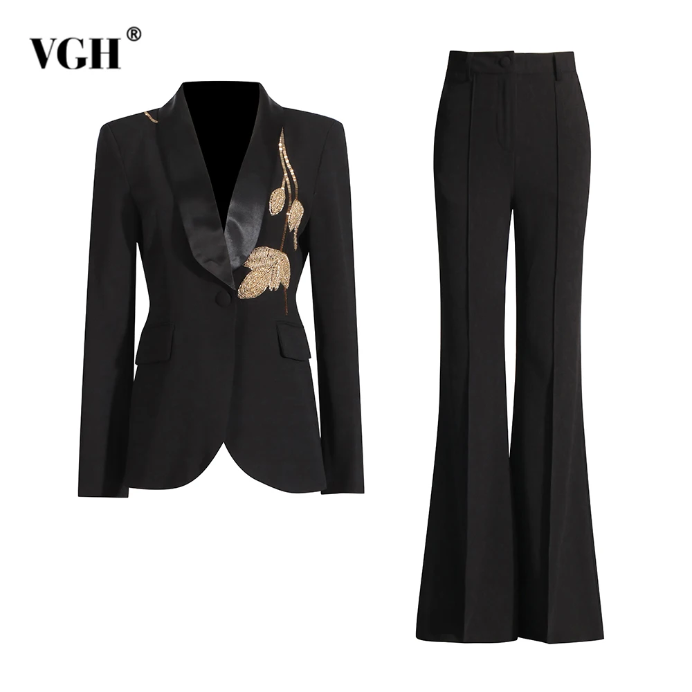 

VGH Temperament Two Piece Sets For Women Lapel Long Sleeve Spliced Appliques Top High Waist Pants Elegant Set Female Fashion New