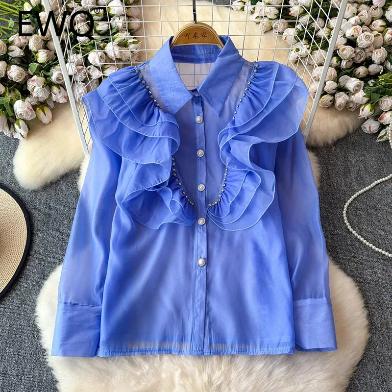 

EWQ Casual Ruffle Diamonds Spliced Sunscreen Shirt Women Fashion Lapel Collar Long Sleeve Solid Tops Clothing 2024 New 27X521