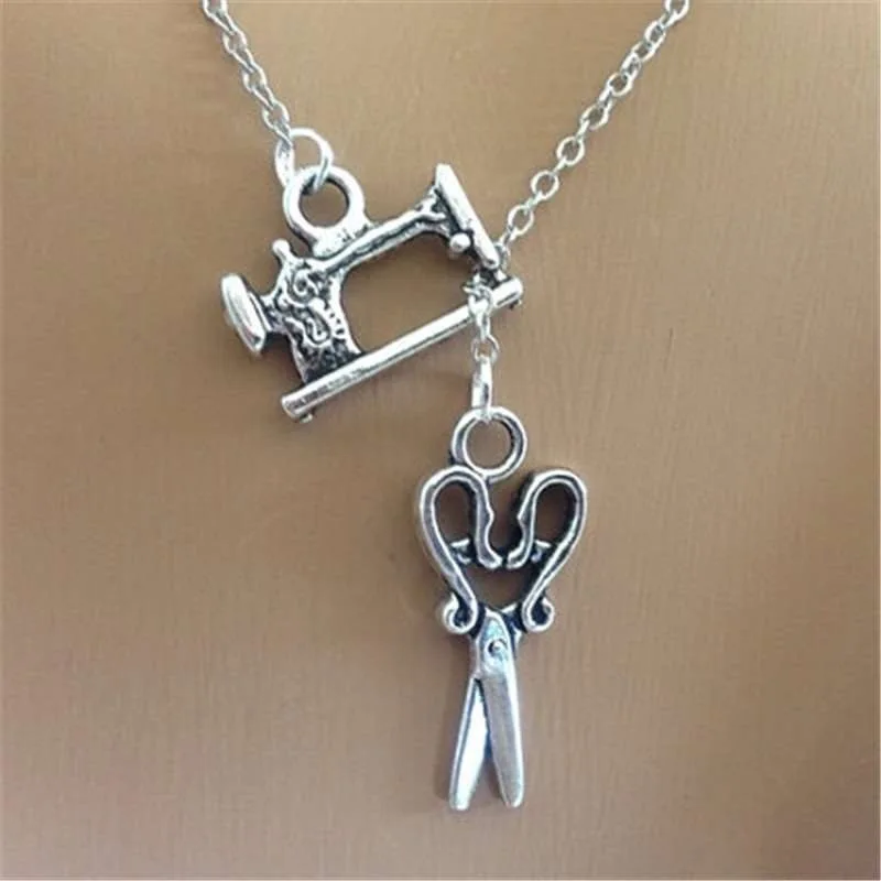 Vintage Mini Sewing Machine Scissors Alloy Pendant Necklaces Women Fashion Combination Hip Hop Clavicle Chain Party Gift