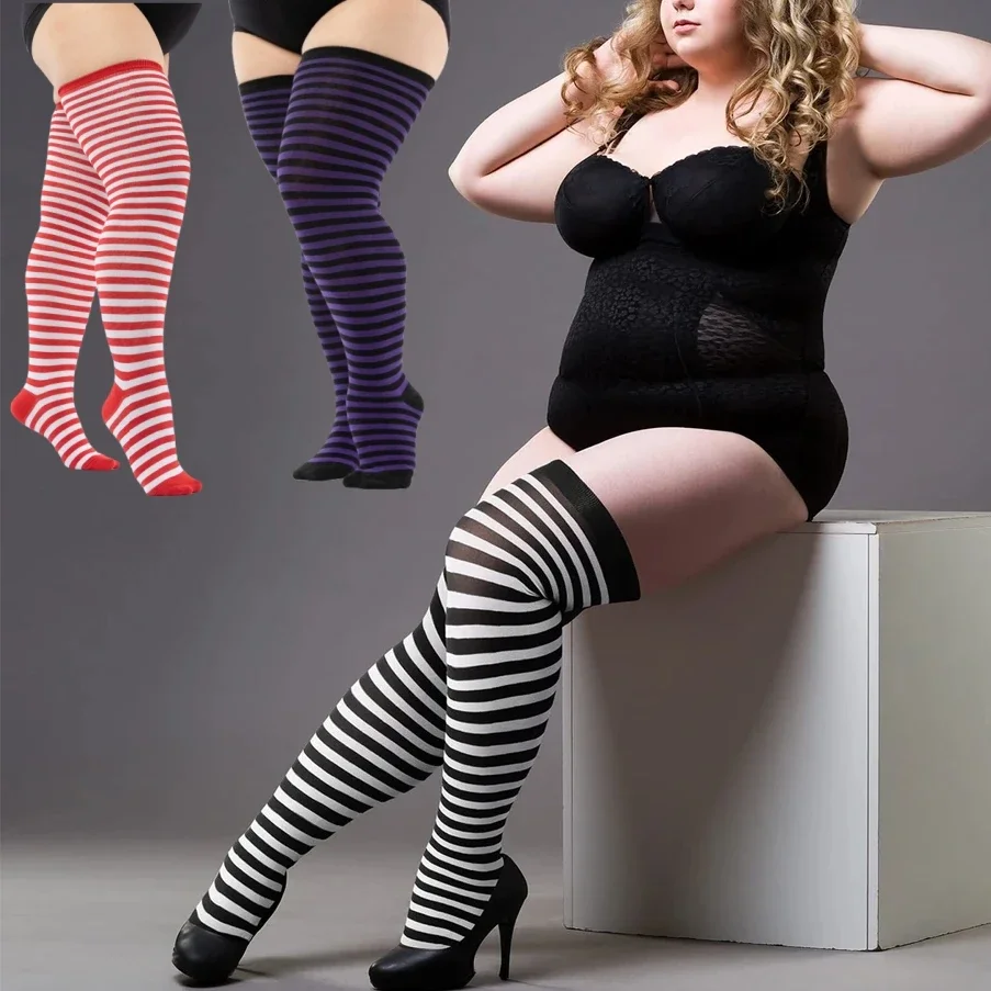 Meias longas listradas para mulheres, meia alta para coxa, meias sobre o joelho para meninas, meias de malha, preto e branco, plus size