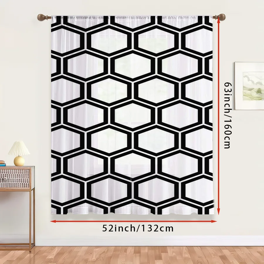 1PC Sheer Curtain Black White Hexagon Honeycomb Print, Rod Pocket Window Curtain for Living Room Bedroom Modern Decor
