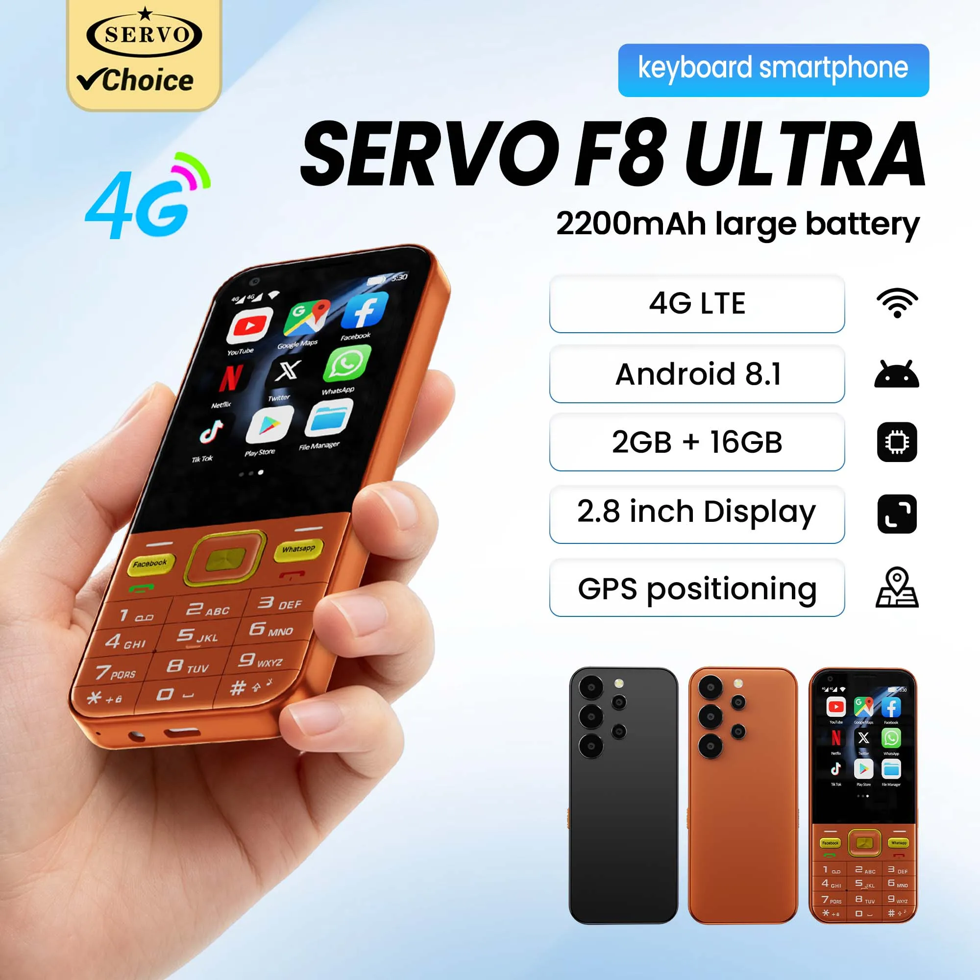 SERVO F8 Ultra Touch Smartphone 4G LTE Dual SIM Standby Android 8.1 RAM 2GB ROM 16GB Flashlight WiFi Play Store MP3 Button Phone
