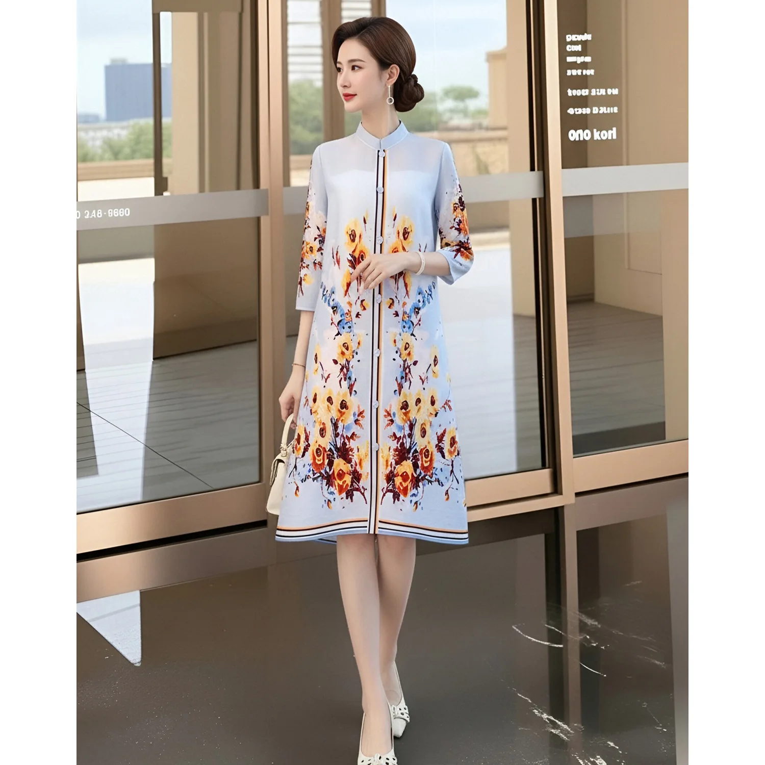 

Miyake Pleated Dress Women 2026 New Fashion Plant Flower Print Stand Collar Three-quarter Sleeves Loose Elegant Mid-length Skirt