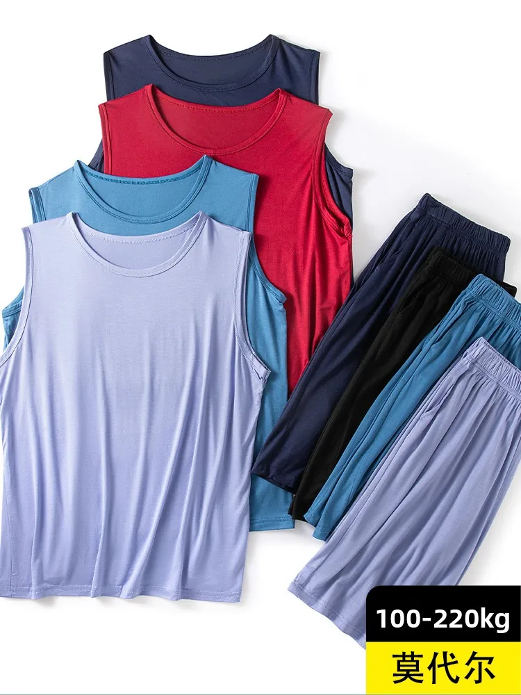 Men's Modal Vest Set Summer Loose Sleepwear Pants Casual Large Size Thin Home Clothes Two-piece Set Comfortable Breathable