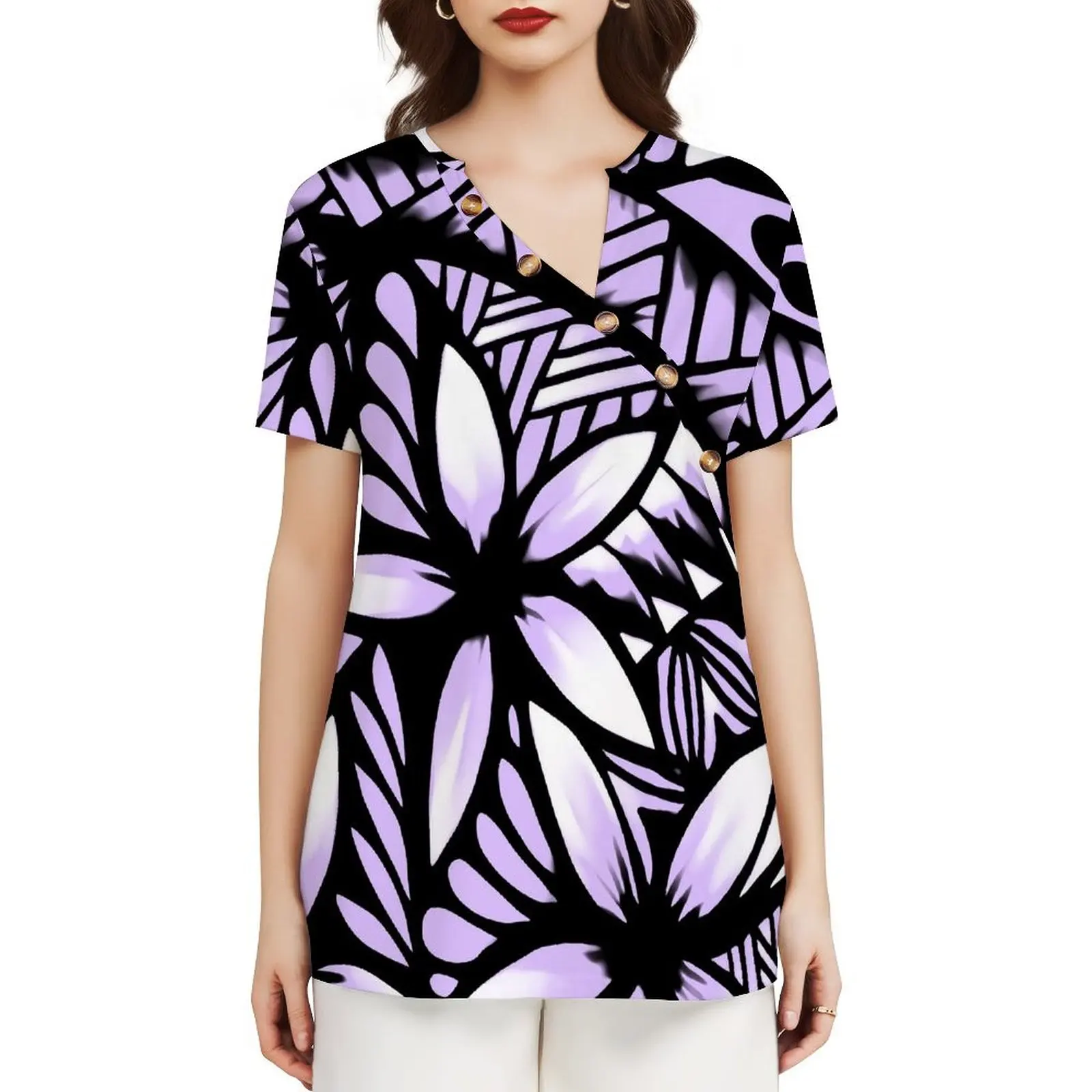 

Samoa Style Diagonal Collar Button Design Short Sleeve Fijian Art Print Custom High Quality Polynesian Ladies TOP