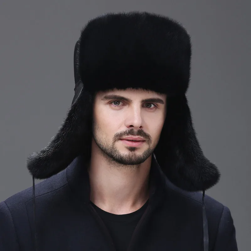 Mink Fur Hat Male Winter Genuine Leather Warm Ear Protection Fur Hat Thickened Warm Outdoor Skiing Hat Natural Fur Bomber Hats