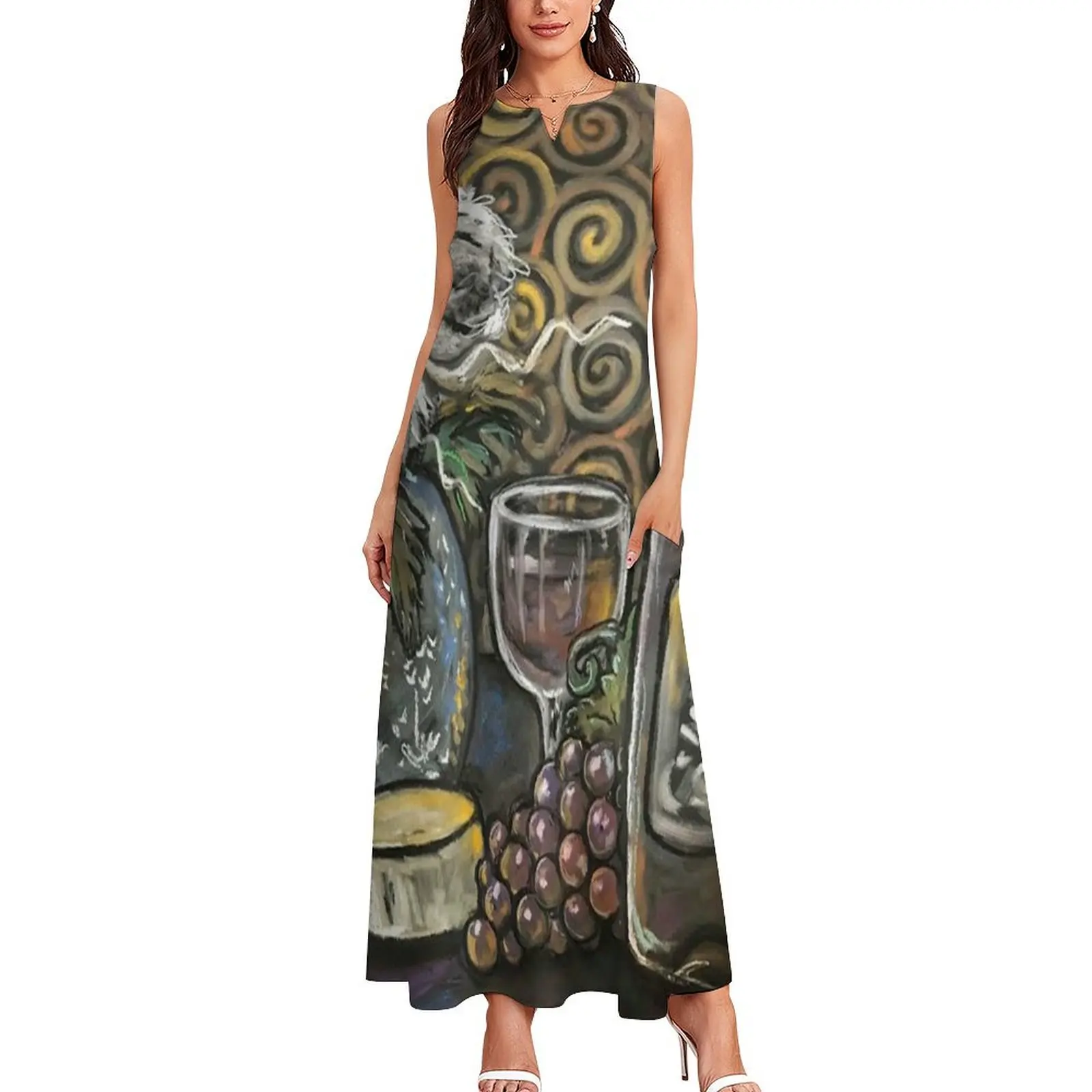 Wine Swirl / Red Wine / Grapes / Wine Glass Cheese wheel Still life Long Dress party dresses woman women's summer dresses 2025