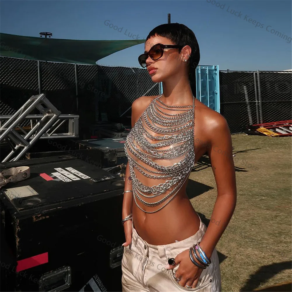 

Chic Metal Sequins Tassel Design Chest Chain Camisole For Women Sexy Backless Halter Neck Tank Top Rave Festival Crop Top