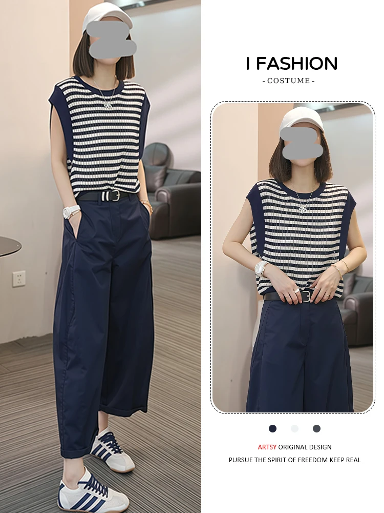 

Модный антивозрастной комплект для женщин: летний новый повседневный топ и брюки с широкими штанинами, комплект из двух предметов, полиэстер, круглый вырез.