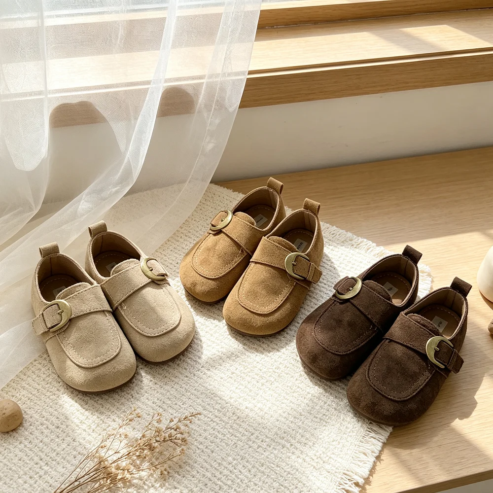 Retro Flat Shoes Boys Casual Shoes Children Buckle Round-toe Britain Style Girls Versatile Breatheable Kids Unisex Suede Shoes