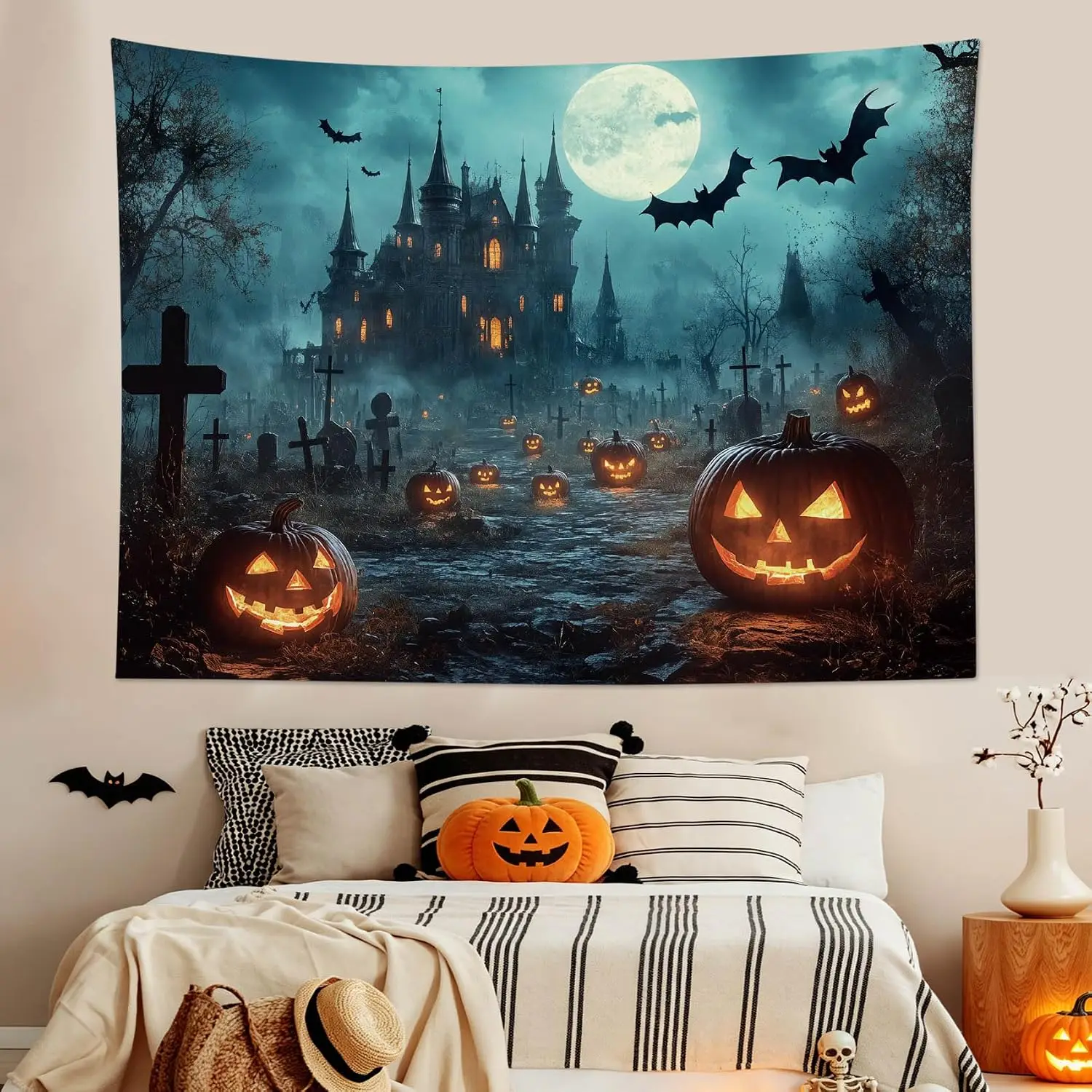 Spooky Halloween Castle Tapestry, Graveyard Jack O Lantern Moon Bat Wall Hanging, Foggy Night Scene Background Cloth Decor