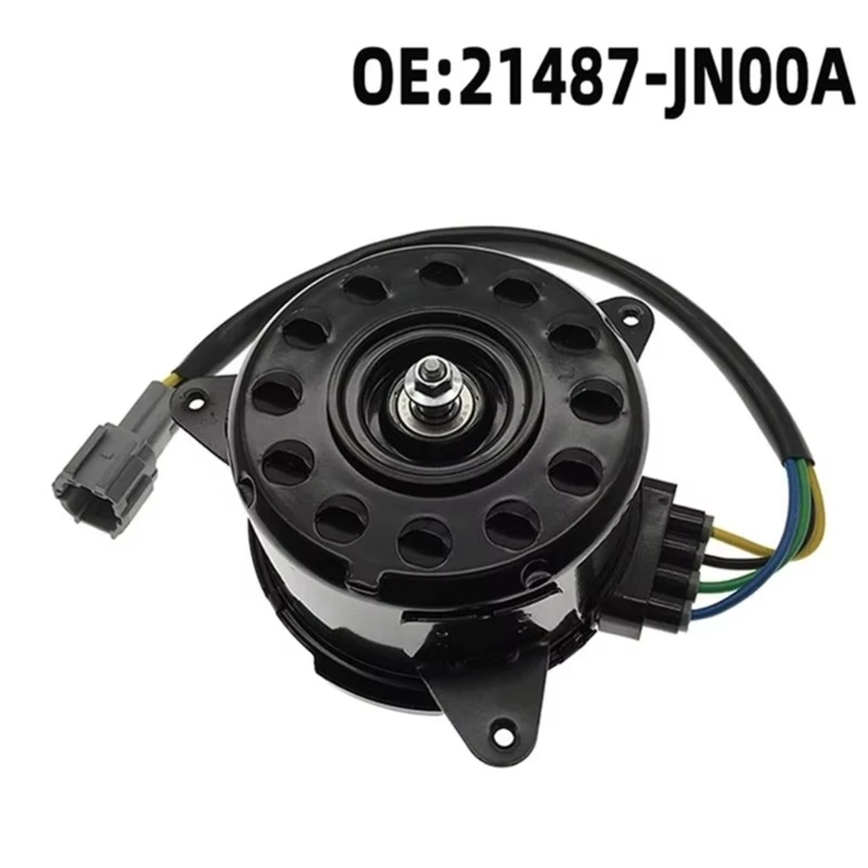 Black Cooling Fan Motor Assembly 21487-JN00A with Wire Mount Ears and Current Part Comparison for Radiator Repair Service