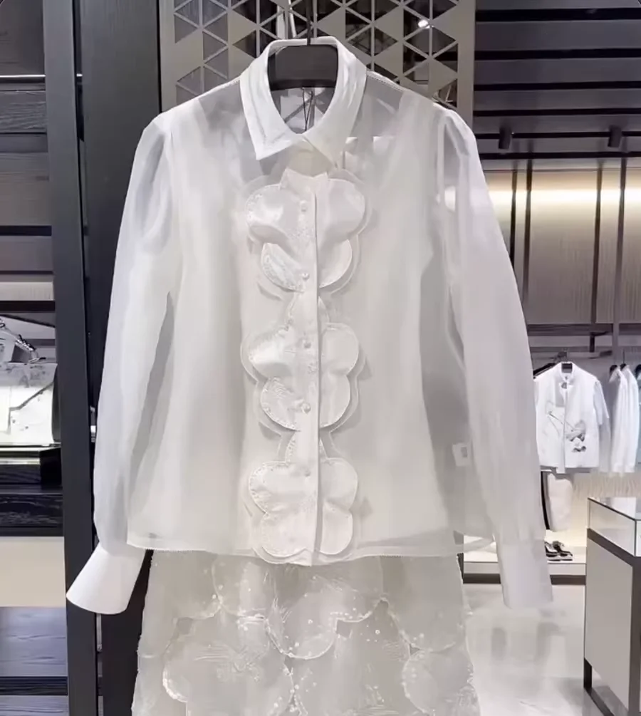 

Silk Transparent White Shirt Sexy Women's Embroidered Blouse Fashion Ladies Flowers Top