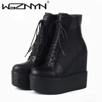 14CM Punk Style Wedges Ankle Boots Black Rubber Sole Shoes Platform Boots Women Lacing Autumn Sexy lady Platform Heels Sneakers