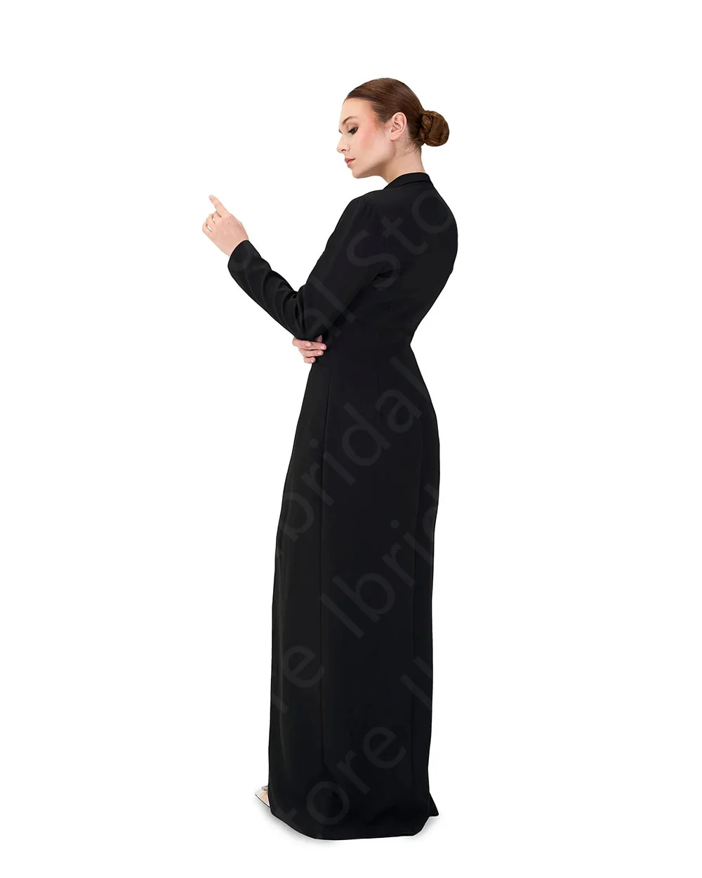Maßgeschneiderte klassische Abendkleider im Angebot, schwarze lange Ärmel, Ballkleider, vorne geteilte Kleider für Hochzeitsgäste, Kristallperlen