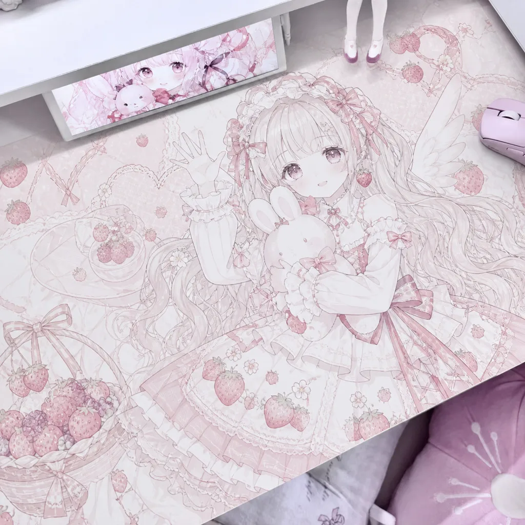 Leather PU Desk Mat Protector Y2K Sweet Pink Strawberry Girl Bunny MousePad Office Desk Mat Waterproof Non-Slip Desk Blotter Pad