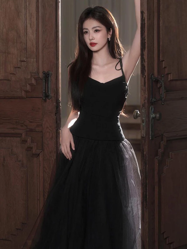 

Элегантное черное вечернее платье без бретелек для выступлений и вечеринок, длинная юбка в корейском стиле с молнией для женщин